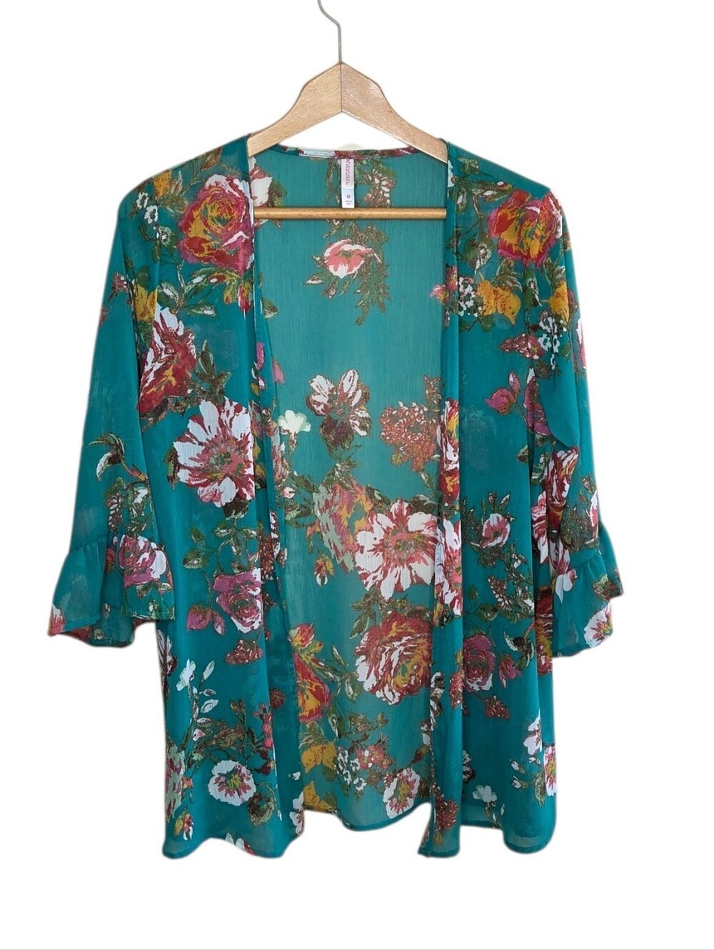 Xhilaration Teal Floral Sheer Kimono Size Medium Boho Breezy Spring Summer